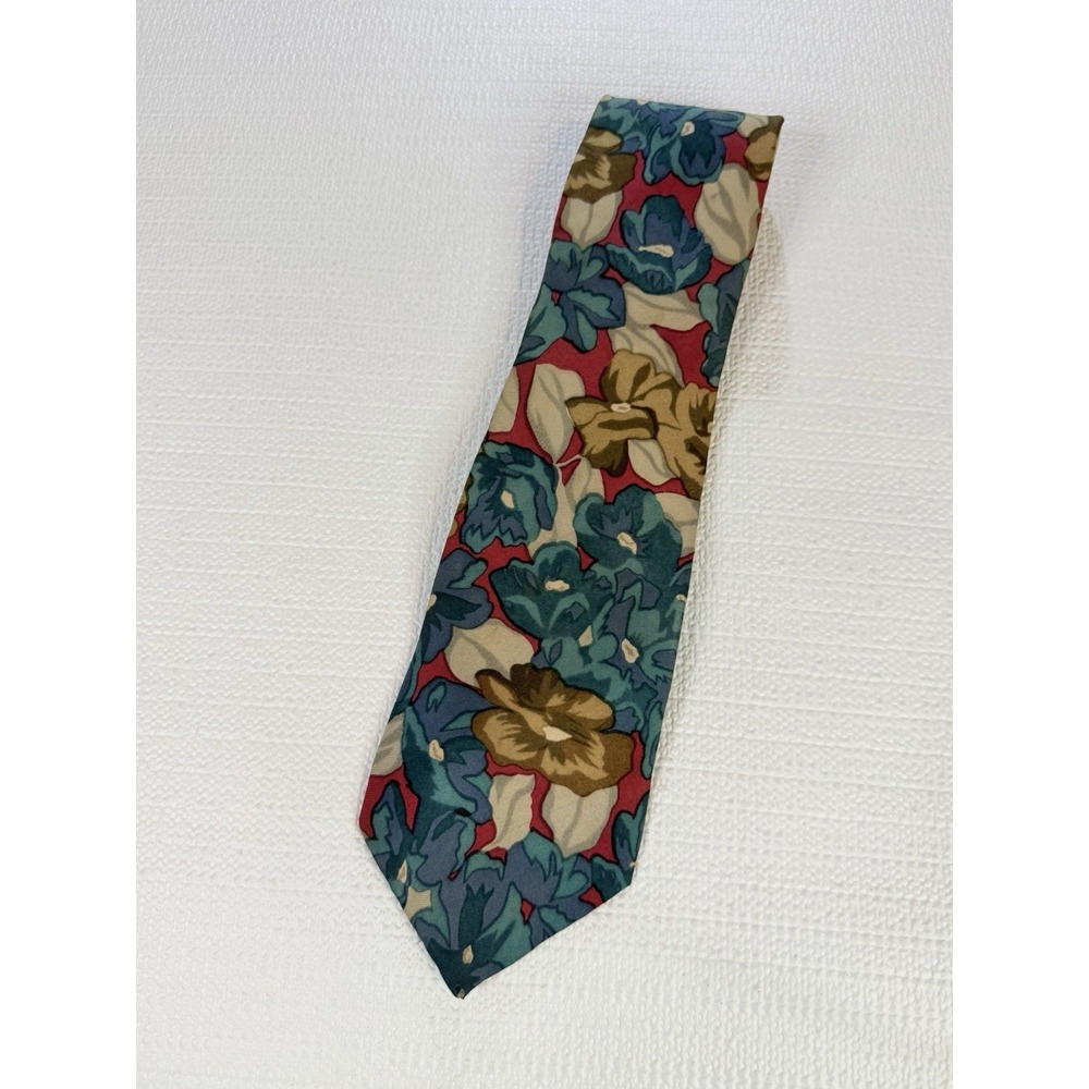 Wembley 100%‎ Silk Red Teal Camel Floral Tie Bold 90s Statement Necktie